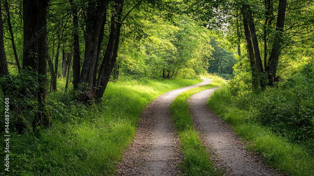 Fototapeta premium Winding Forest Path Dappled in Sunlight Through Lush Green Foliage and Dense Canopy with a Dirt Road