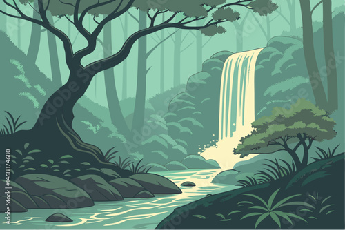 137 stunning forest waterfall landscape, serene tropical rainforest with cascading waterfall, lush green jungle with illuminated flowing stream, magical mystical nature scene with glowing light, dream