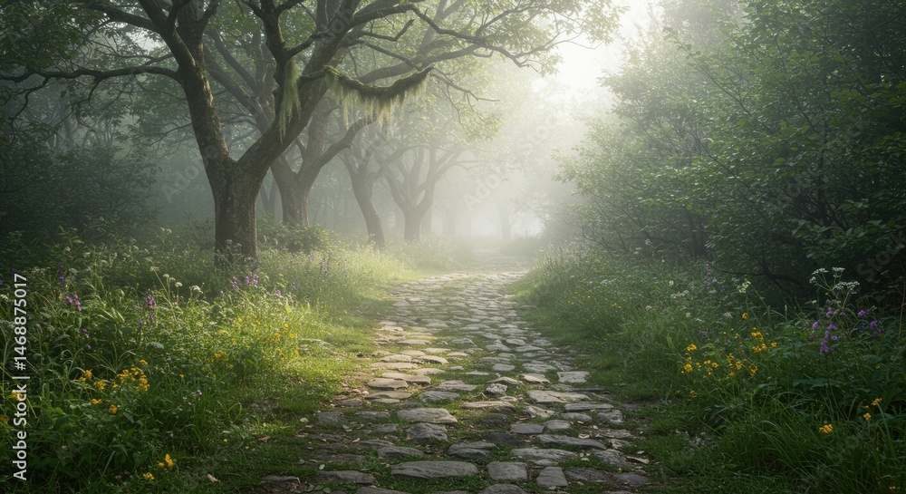 Fototapeta premium An overgrown cobblestone path disappearing into a quiet, fog-laced enchanted forest