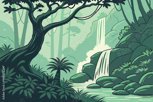 137 stunning forest waterfall landscape, serene tropical rainforest with cascading waterfall, lush green jungle with illuminated flowing stream, magical mystical nature scene with glowing light, dream