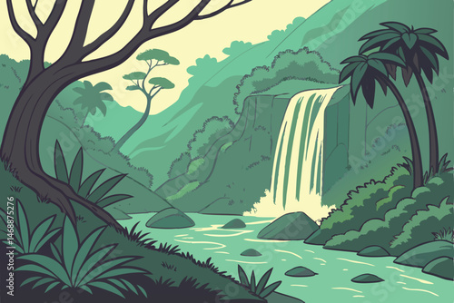 137 stunning forest waterfall landscape, serene tropical rainforest with cascading waterfall, lush green jungle with illuminated flowing stream, magical mystical nature scene with glowing light, dream