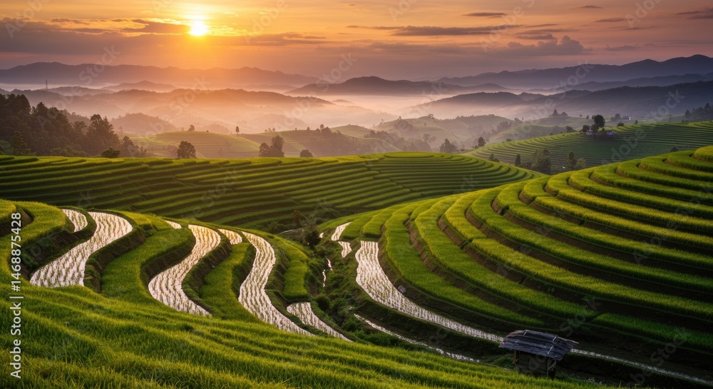 Fototapeta premium A quiet rice terrace at golden hour with distant mist-covered hills in the background