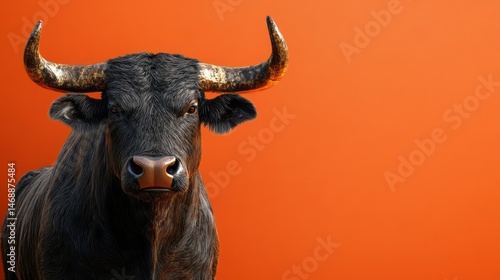 Close-up view of a dark-colored bull against an orange backdrop.