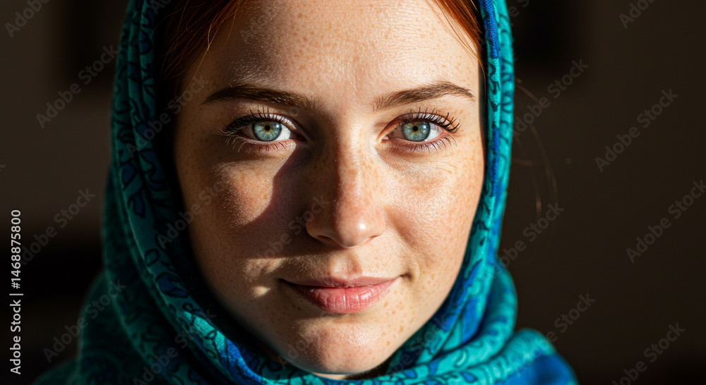 Portrait of serene young woman with vibrant eyes and teal headscarf Portrait of serene young woman with vibrant eyes and teal headscarf