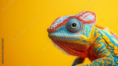 Close-up of a vibrantly colored chameleon.
