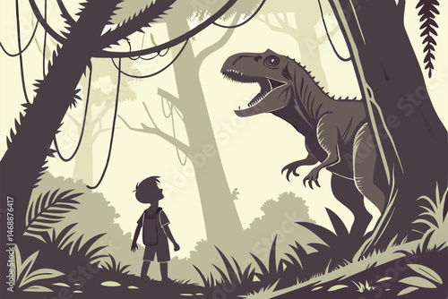 138 A young boy standing in a lush, prehistoric jungle, facing a massive, ferocious dinosaur with an open mouth, detailed jungle scenery, cinematic lighting, dramatic composition, digital art