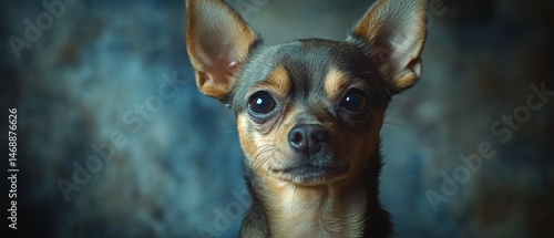 Close-up portrait of a small dog with attentive gaze.