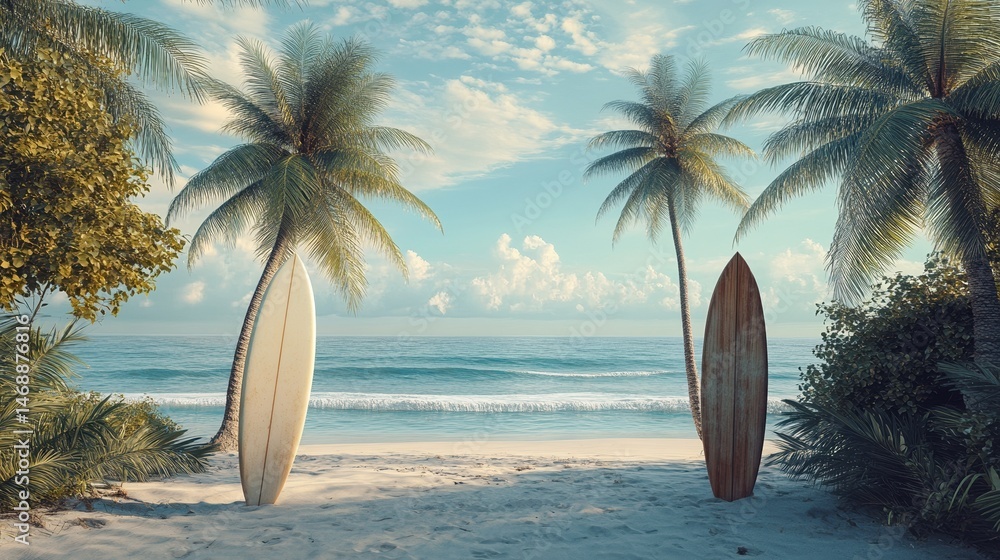 Fototapeta premium Tropical Palm Trees with Surfboards on Beach Scene