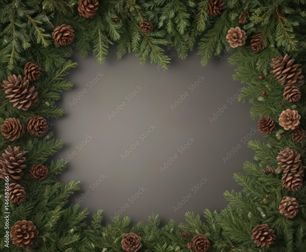 Lush fir branches & pine cones form a rustic Christmas border , festive, garland, conifer Lush fir branches & pine cones form a rustic Christmas border , festive, garland, conifer