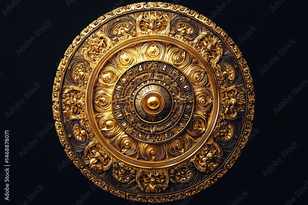Fototapeta premium Intricately designed golden shield ornament.
