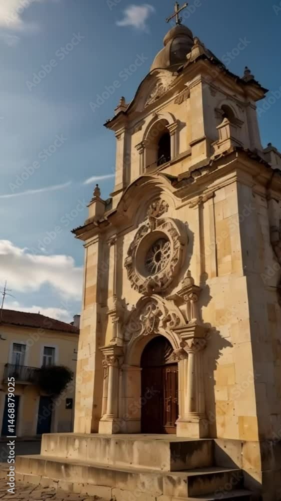 An ancient religious architecture tower of a church rises to the sky An ancient religious architecture tower of a church rises to the sky