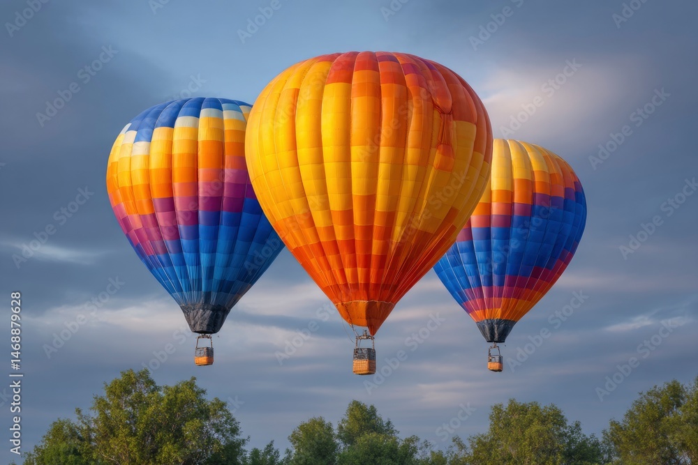 Naklejka premium Vibrant Hot Air Balloons Soaring Through a Cloudy Sky