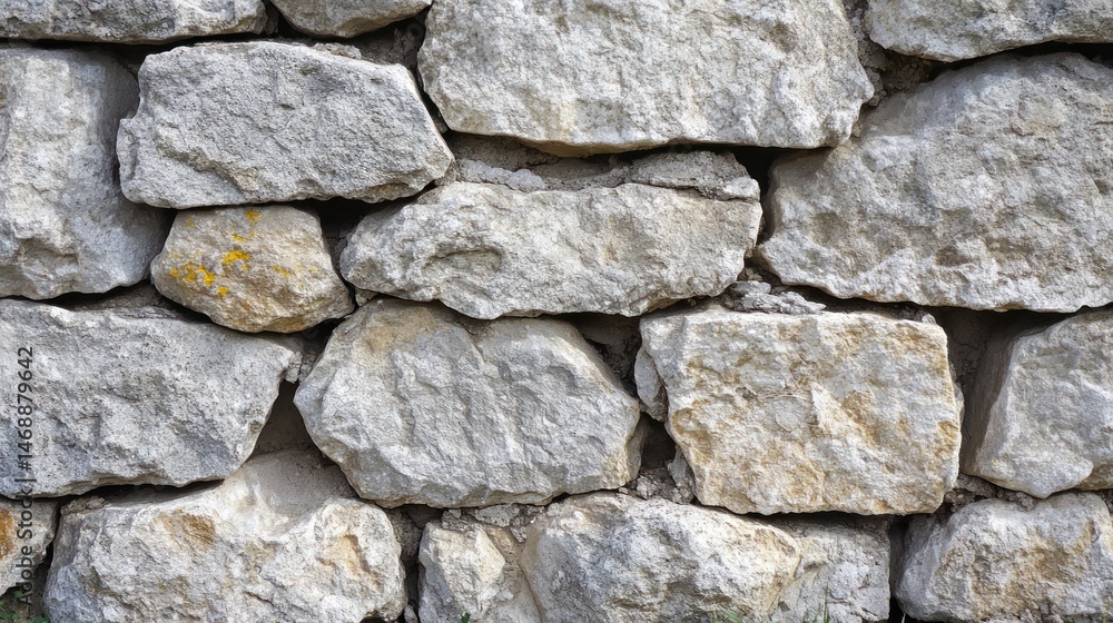 Grey and beige stones form a rustic, dry-laid wall. Grey and beige stones form a rustic, dry-laid wall.