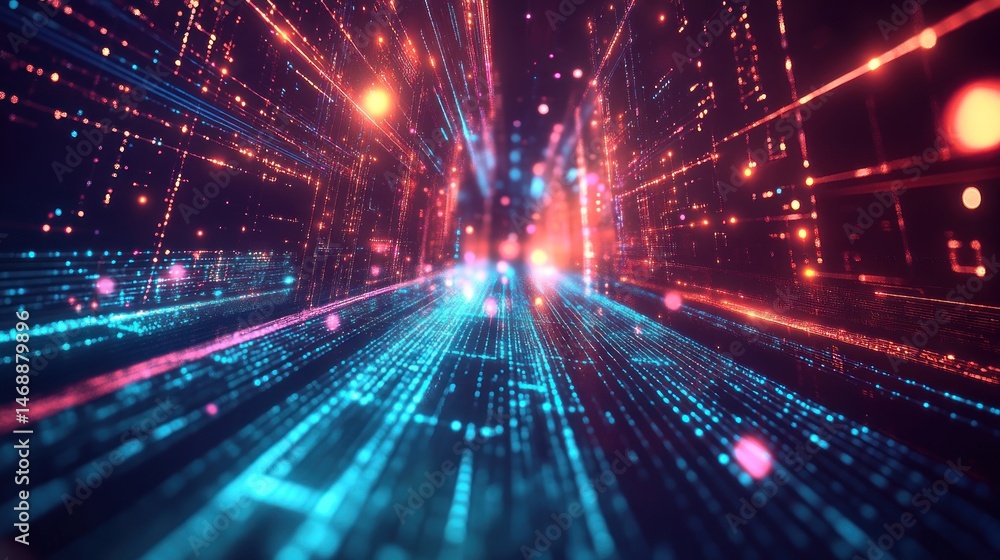 Fototapeta premium Futuristic digital tunnel with vibrant glowing lines and data streams.