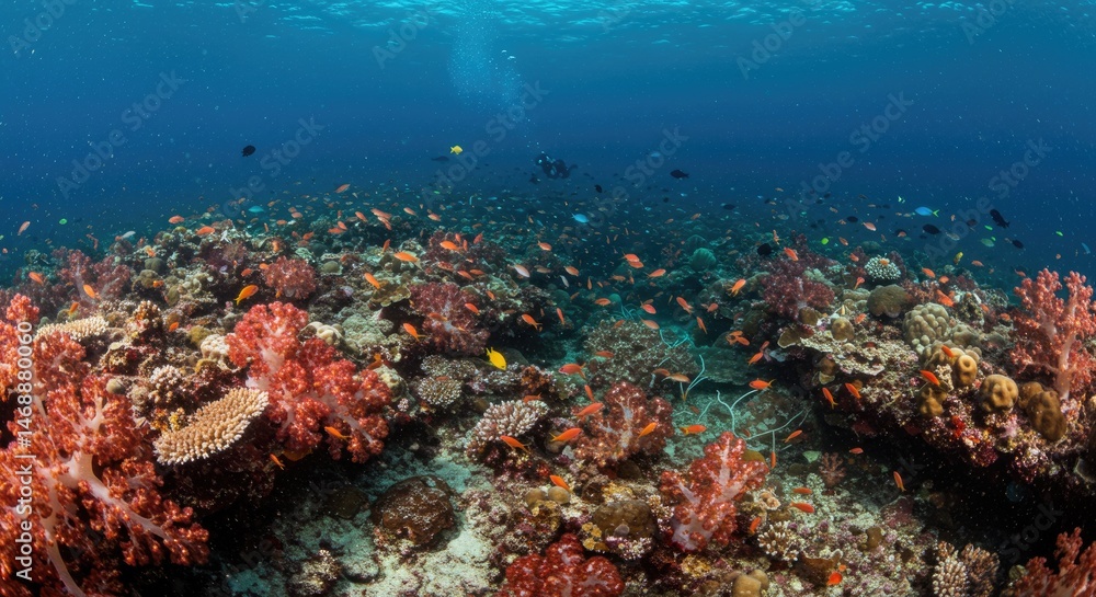 Fototapeta premium A deep blue sea view filled with beautiful various coral and small fish 