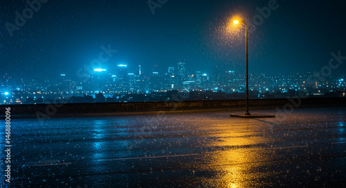 Rainy night cityscape with illuminated street lamp and wet asphalt