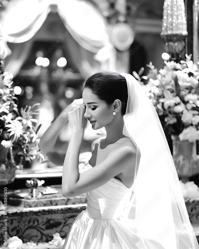 Naklejka premium Woman is getting ready for her wedding, putting on her veil