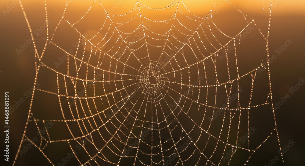 Obraz premium Delicate Orb Web Enshrouded in Dewdrops, Bathed in Gentle Golden Light