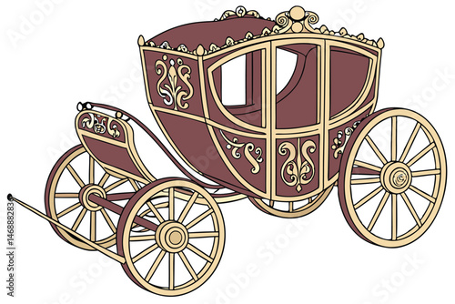 140 ornate, vintage carriage, elaborate patterns, gold trim, intricate carvings, burgundy velvet upholstery, wooden wheels, steam punk, fantastical, detailed, fantasy, digital art
