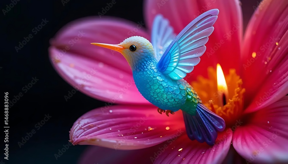Obraz premium Vibrant hummingbird rests gently on a blooming pink flower with a candle flame glowing brightly in the background, creating a magical and serene atmosphere, capturing nature's beauty