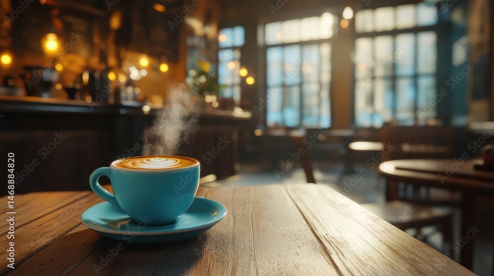 Steaming coffee cup on wooden table in cozy cafe Steaming coffee cup on wooden table in cozy cafe