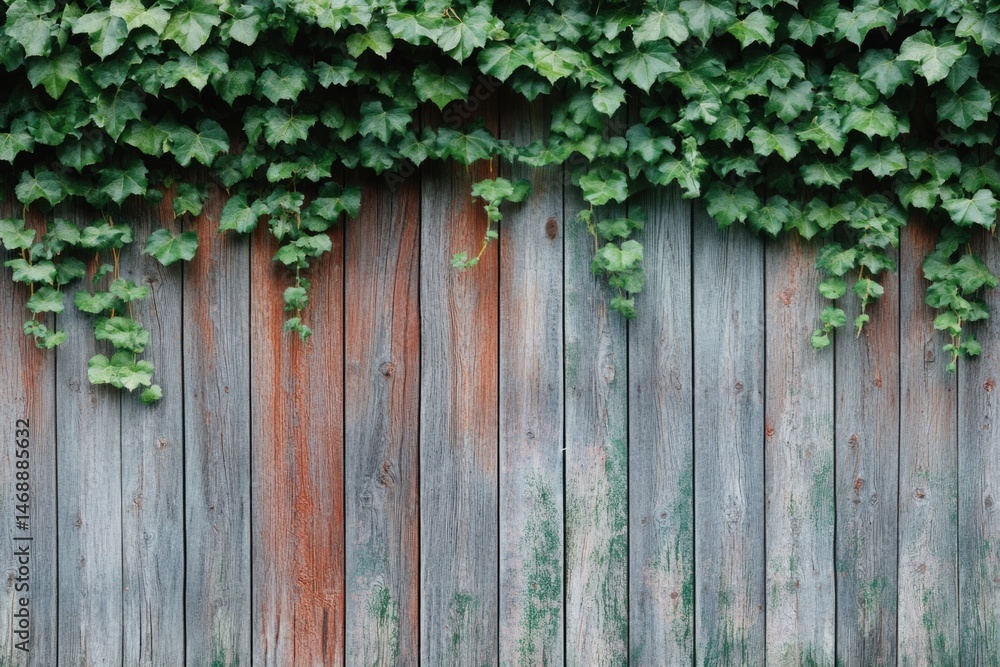 Fototapeta premium A weathered wooden fence is draped with lush green ivy, creating a natural, textured backdrop with rustic charm.