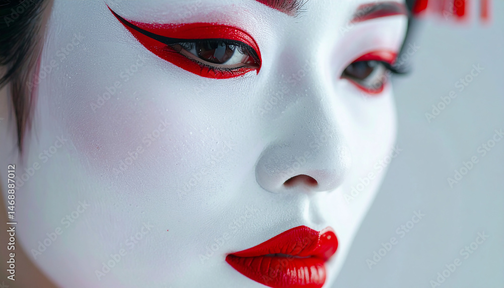 Obraz premium Geisha's Gaze: The captivating beauty of a geisha, with striking red and white makeup, evokes a sense of mystery and elegance.