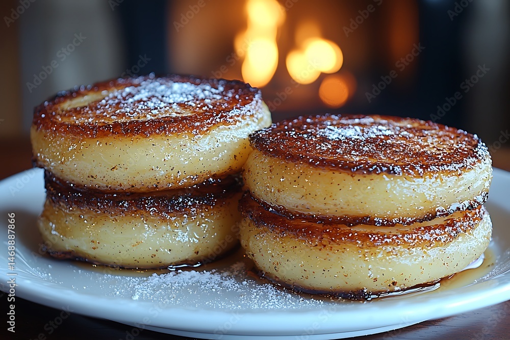 Three stacks of golden brown pancakes on a plate. Three stacks of golden brown pancakes on a plate.