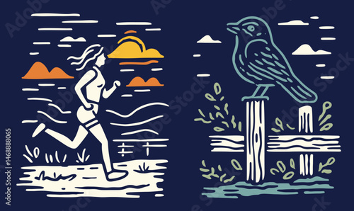 Dynamic Doodle of Woman Running with Bird on Fence in Nature Scene