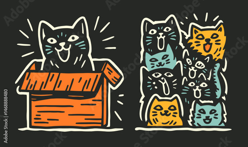 Playful Doodle of Cats in a Box and Pile of Cat Faces