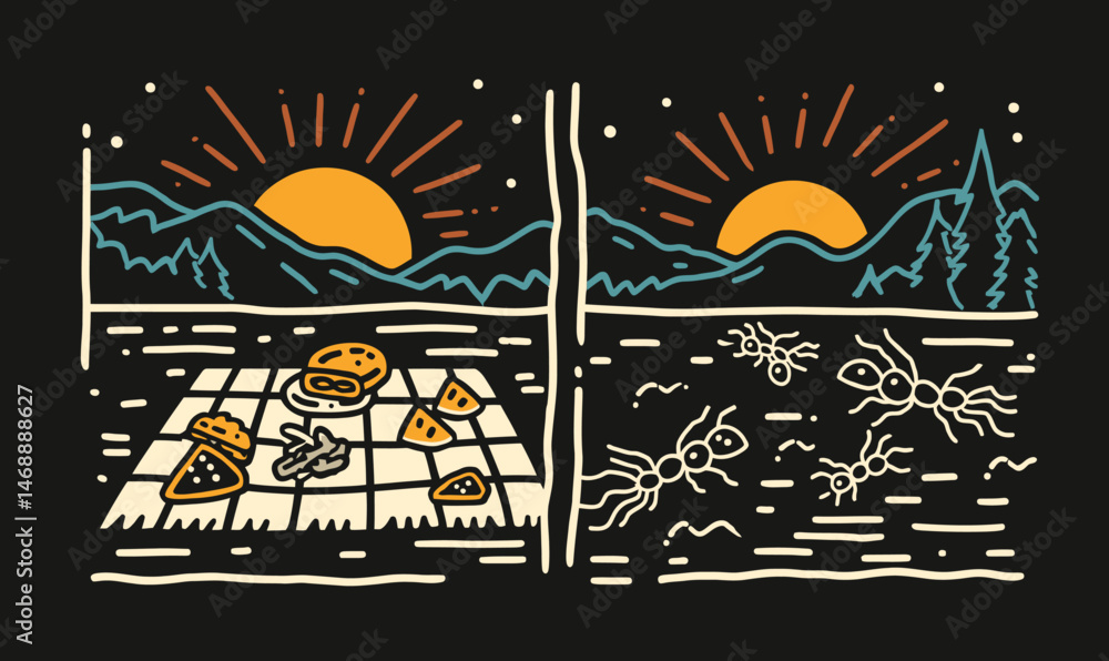 Fototapeta premium Hand-Drawn Doodle of Picnic Scene with Sunset and Ants