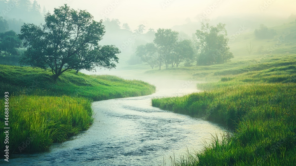 Obraz premium A rural landscape after a gentle rain, with the river flowing smoothly through the countryside, surrounded by fresh, dewy grass and trees.