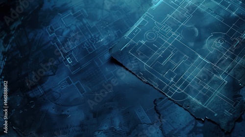 Architectural blueprints overlaid