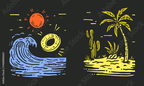 Colorful Doodle Art of Beach Scene with Wave and Palm Tree