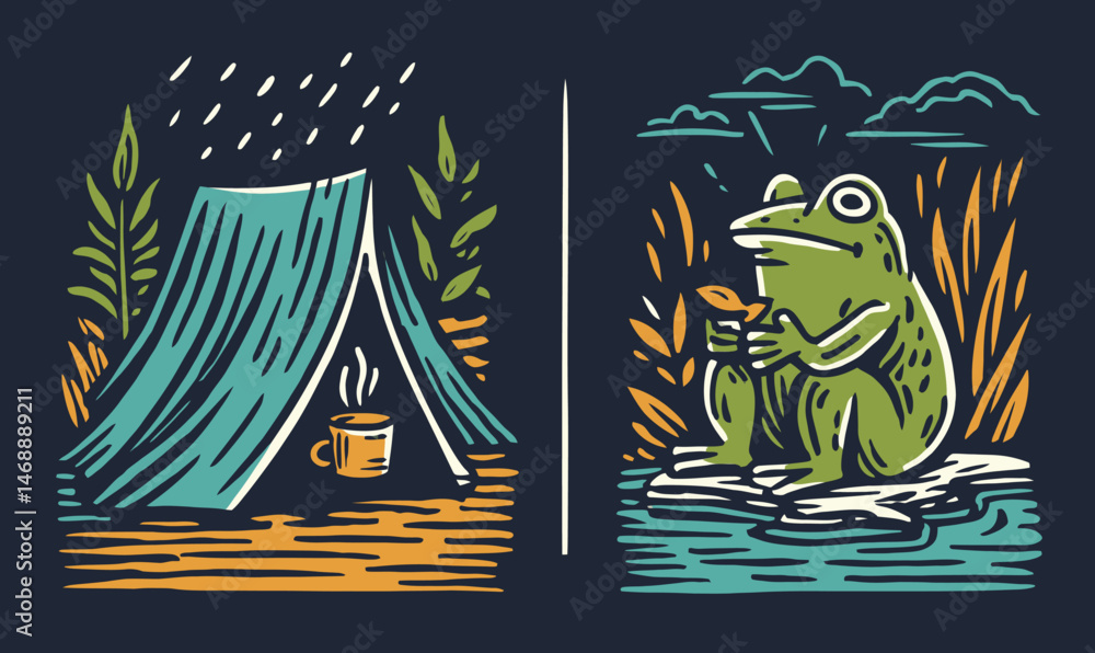 Fototapeta premium Playful Doodle of Camping Scene and Frog Sitting with Cup