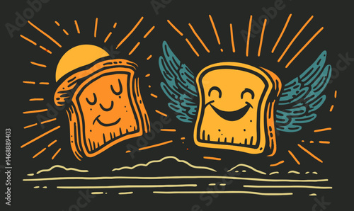 Cheerful Doodle of Toast with Smiling Faces and Angel Wings