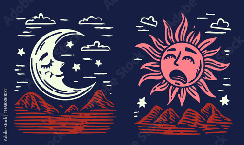 Hand-drawn Doodle of Moon and Sun with Mountain Landscape Elements