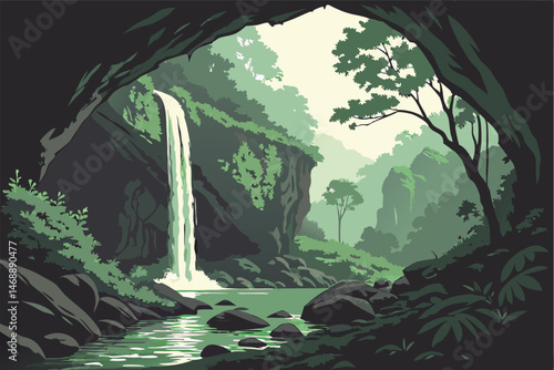 142 cave waterfall landscape, lush tropical forest, verdant greenery, emerald pond, light through cave entrance, natural scenery, atmospheric lighting, photorealistic, detailed, cinematic