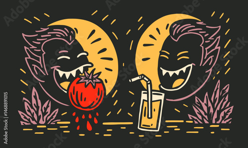 Playful Doodle of Cartoon Characters with Tomato and Drink Elements