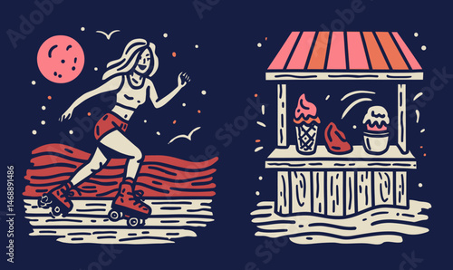 Fun and Colorful Doodle of Woman Roller Skating by Ice Cream Stand