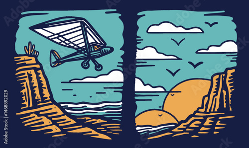 Doodle Drawing of Hang Glider Over Scenic Beach Landscape