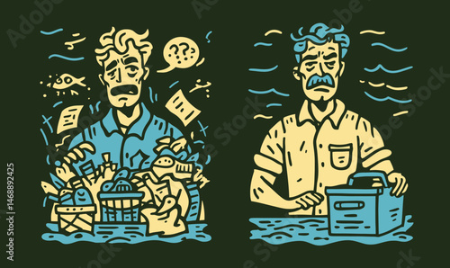 Hand-drawn Doodle of a Man Surrounded by Waste and Confusion