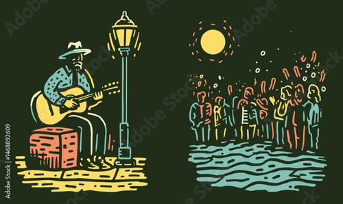Hand-Drawn Doodle of Musician Under Lamp with Crowd at Night