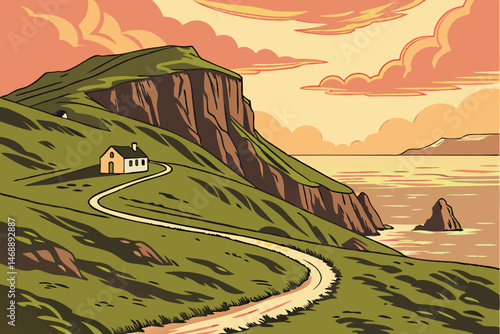 143 dramatic landscape, rolling green hills, rocky coastal cliffs, winding road, idyllic ocean view, vibrant sunset sky, atmospheric lighting, serene natural beauty, picturesque scenery, dramatic hori