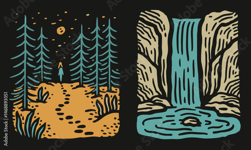 Hand-drawn Doodle of Forest Path and Waterfall in Vibrant Colors