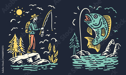 Hand-Drawn Doodle of Fisherman Catching Large Fish in Nature Scene
