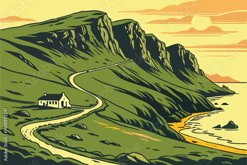 143 dramatic landscape, rolling green hills, rocky coastal cliffs, winding road, idyllic ocean view, vibrant sunset sky, atmospheric lighting, serene natural beauty, picturesque scenery, dramatic hori