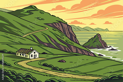 143 dramatic landscape, rolling green hills, rocky coastal cliffs, winding road, idyllic ocean view, vibrant sunset sky, atmospheric lighting, serene natural beauty, picturesque scenery, dramatic hori