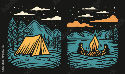 Hand Drawn Doodle Style Camping Scene with Tent and Campfire