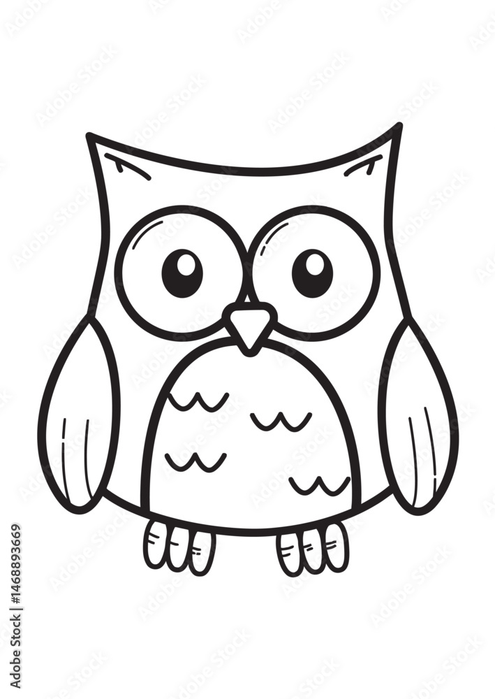 Fototapeta premium Adorable cartoon owl drawn in black and white, perfect for coloring activities or educational uses. Designed with intricate details and an engaging appearance suited for art lovers or creative project